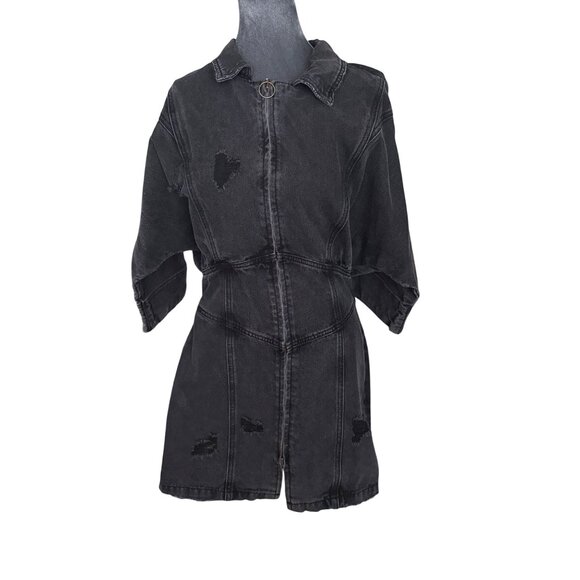 Malibu Bum Black Denim Distressed Zip Front Mini Dress Size L - Picture 1 of 5